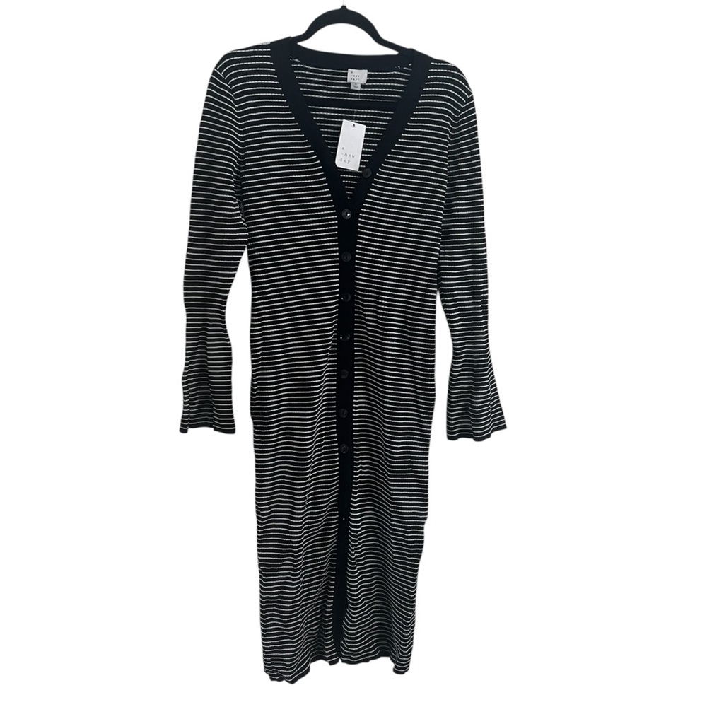 A New Day Long Bell Sleeve Midi Sweater Dress Black White Striped Medium NWT